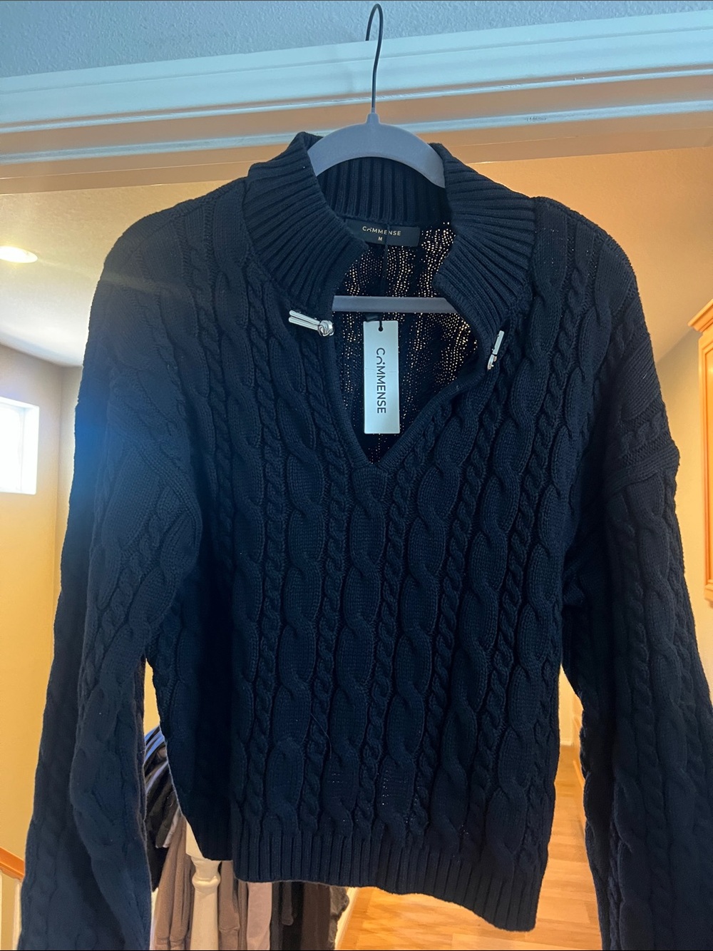 Commense Men's Black Cable-Knit Zip-Accent Pullover